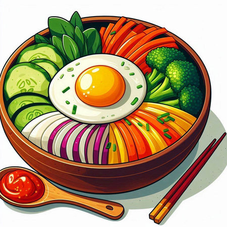 Illustration of a bowl of poke bowl with fried egg and vegetablesのイラスト素材