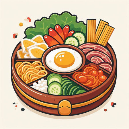 Japanese food vector illustration in cartoon style. Sushi, shabu, ramen, sausages, fried egg, noodles, vegetables and mushrooms.のイラスト素材