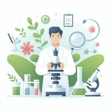 Vector illustration of a scientist working in the laboratory. Flat style design.のイラスト素材