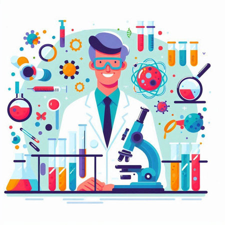 Scientist in laboratory flat vector illustration. Cartoon scientist with microscope, flasks and test tubes.のイラスト素材