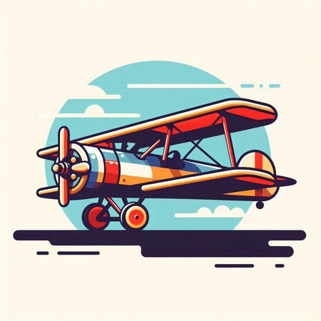Retro biplane flying on the sky. Vector illustration in retro style.のイラスト素材