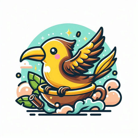 Cute cartoon parrot sitting in a bowl. Vector illustration.のイラスト素材