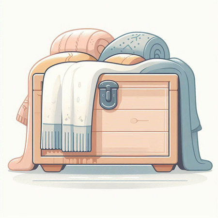 Illustration of a wooden chest with a blanket and a bed.のイラスト素材