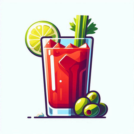 Bloody mary cocktail with lime and olives. Vector illustration.のイラスト素材