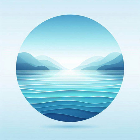 Illustration of a sea landscape with mountains and blue sky in a circleのイラスト素材