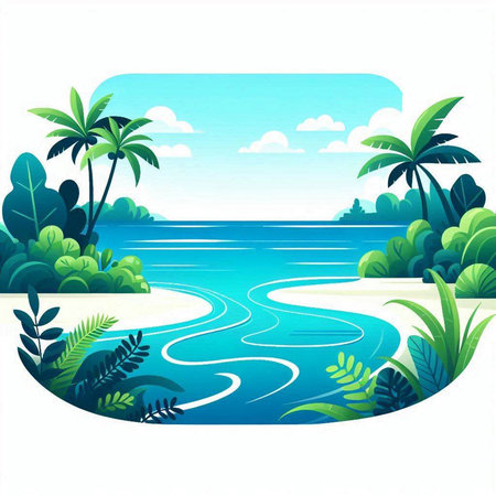 Tropical island with palm trees and sea. Vector illustration.のイラスト素材