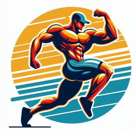 Bodybuilder running in front of sunburst background. Vector illustration.のイラスト素材