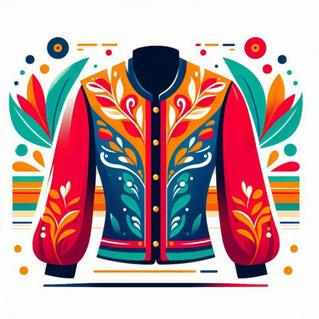 Vector illustration of a man's jacket on a colorful background with floral ornament.のイラスト素材