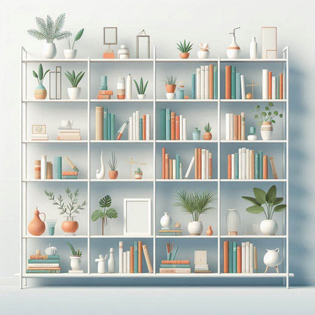 White bookshelf with books and decorations. 3d rendering.のイラスト素材