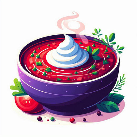 Bowl of tomato soup with cream and parsley, vector illustrationのイラスト素材
