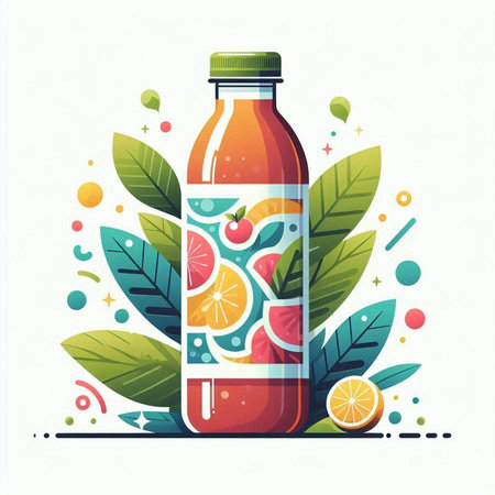 Bottle of fresh juice with fruits and leaves. Vector illustration.のイラスト素材