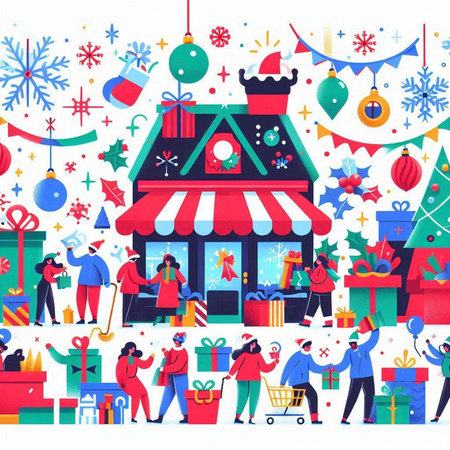 Vector illustration of Merry Christmas and Happy New Year. People shopping in the mall, buying gifts and decorating the Christmas tree.のイラスト素材