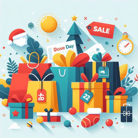 Christmas sale banner with gift boxes and decorations. Flat style vector illustration.のイラスト素材