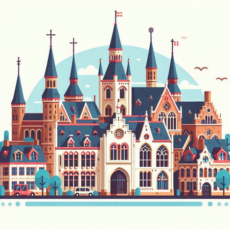 Cityscape of Amsterdam, Netherlands. Vector illustration in flat style.のイラスト素材