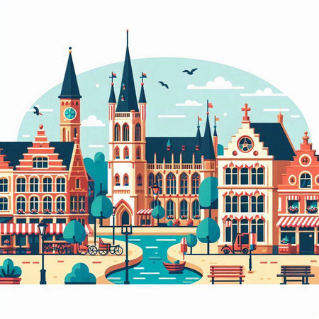 Amsterdam, Netherlands cityscape. Vector illustration in flat style.のイラスト素材