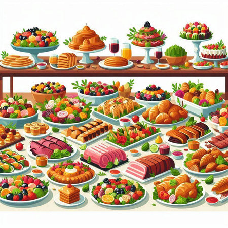 Vector illustration of a variety of desserts and pastries on the tableのイラスト素材