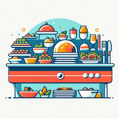 Vector illustration of a restaurant buffet with a variety of food and beverages.のイラスト素材