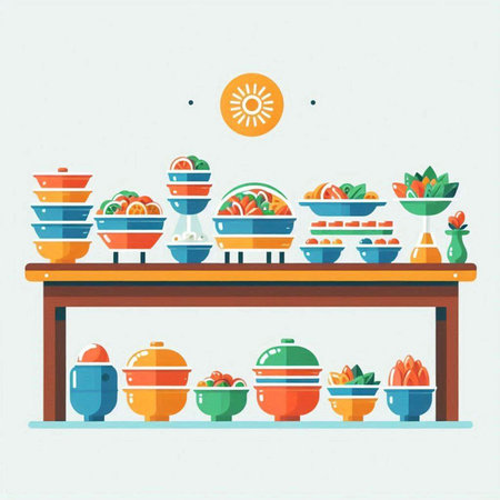 Vector illustration of a buffet in a restaurant with fruits and vegetables.のイラスト素材