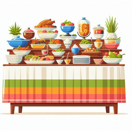 Vector illustration of a table with a variety of fruits and vegetables.のイラスト素材