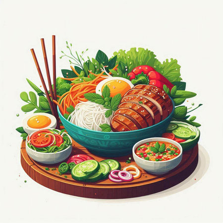 Bowl of noodle with pork and vegetables, vector illustration.のイラスト素材