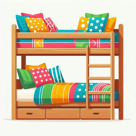 Wooden bunk-bed with colorful pillows. Vector illustration.のイラスト素材