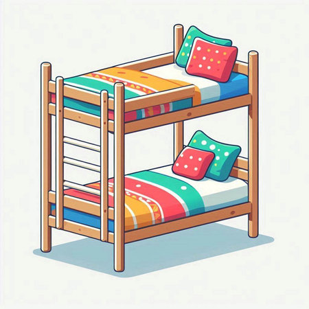 Bunk bed with colorful pillows. Vector illustration in cartoon style.のイラスト素材