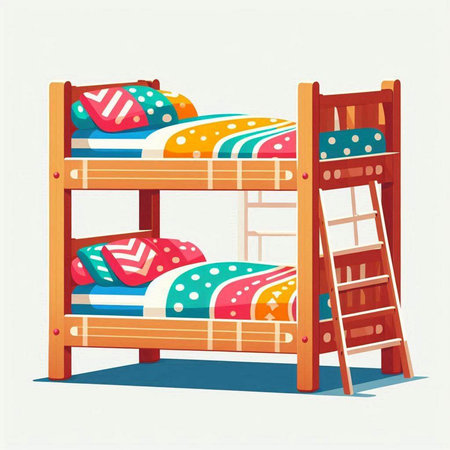 Wooden bunk bed with colorful pillows. Vector illustration in cartoon style.のイラスト素材