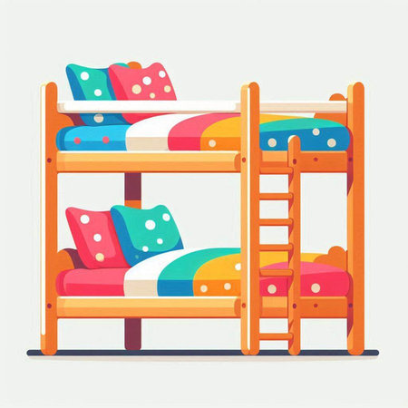 Wooden bunk bed with colorful pillows. Flat vector illustration.のイラスト素材