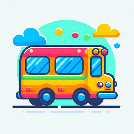 Colorful school bus with clouds and sun. Vector illustration in flat styleのイラスト素材