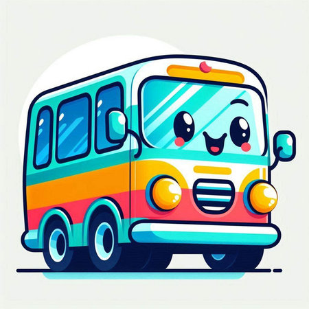 Cartoon bus with cute face. Vector illustration for your design.のイラスト素材