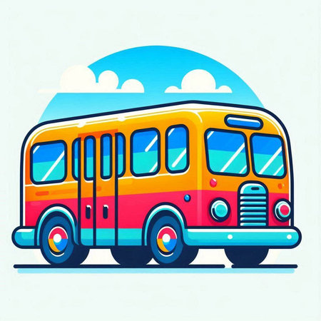 Colorful school bus with blue sky and clouds. Vector illustration.のイラスト素材