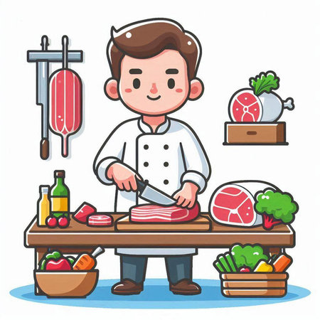 Chef cooking meat on the kitchen table. Cartoon vector illustration.のイラスト素材
