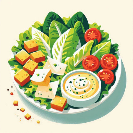 Salad with cheese, lettuce, tomatoes and sauce. Vector illustration.のイラスト素材