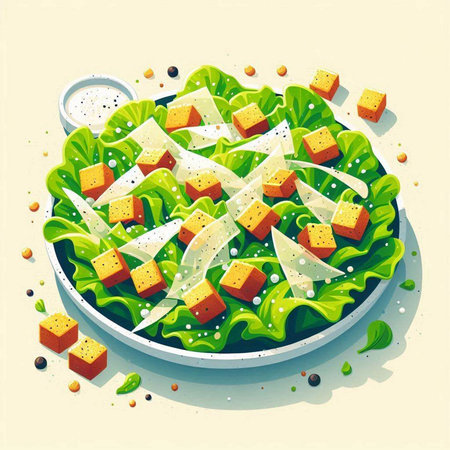Healthy salad with tofu and cheese in a plate. Vector illustration.のイラスト素材