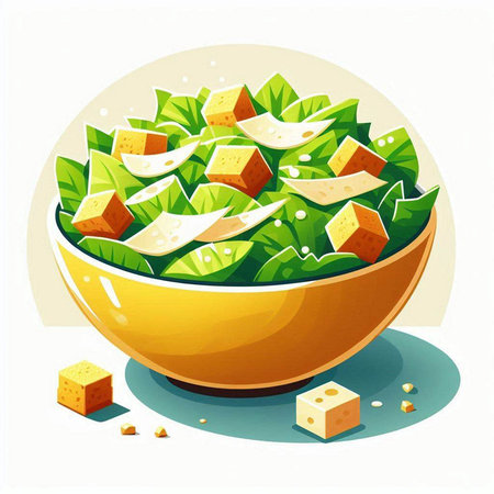 Illustration of a bowl of fresh green salad with tofu and cheeseのイラスト素材