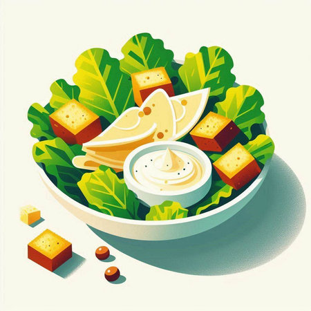 Vector illustration of salad with cheese and sour cream in a bowl.のイラスト素材