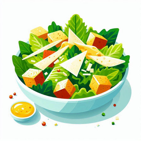 Salad with cheese, herbs and sauce in bowl. Vector illustration.のイラスト素材