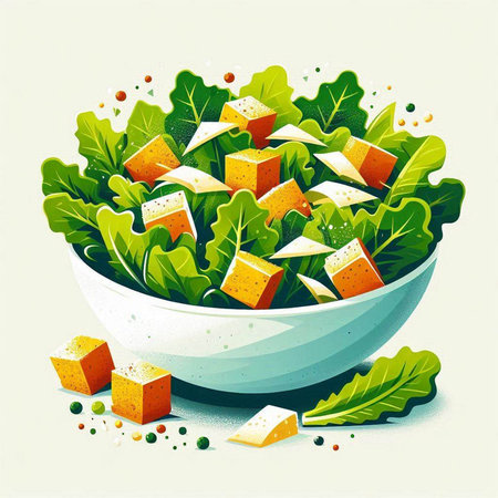 Salad with cheese and arugula in a bowl. Vector illustration.のイラスト素材