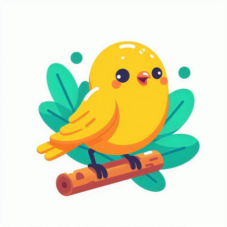 Cute yellow bird sitting on a tree branch. Vector illustration.のイラスト素材
