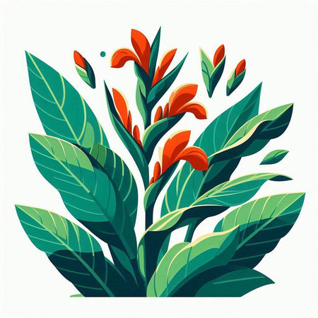 Illustration of a green tropical plant with orange leaves isolated on white backgroundのイラスト素材