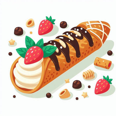 Chocolate roll with cream and strawberries. Vector illustration in cartoon style.のイラスト素材