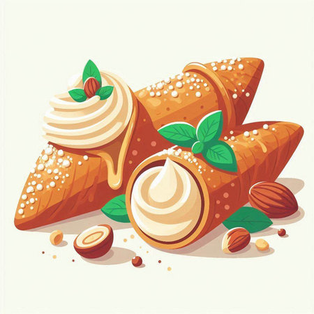 Cannoli with cream and nuts. Vector illustration in cartoon styleのイラスト素材