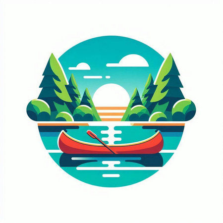 Fisherman boat on the lake. Vector illustration in flat styleのイラスト素材