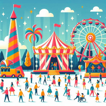 Amusement park with people and carousels. Vector illustrationのイラスト素材