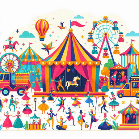Amusement park flat vector illustration. Amusement park, funfair, carnival, circus, carnival.のイラスト素材