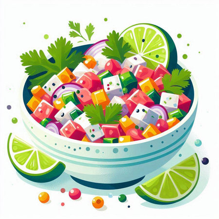 Greek salad with vegetables and feta cheese in bowl. Vector illustration.のイラスト素材