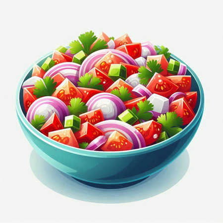 Illustration of a bowl of fresh vegetable salad with tomato and onionのイラスト素材