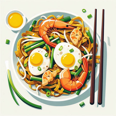 Noodles with shrimps and fried eggs. Vector illustration.のイラスト素材
