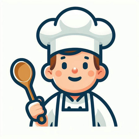 Chef boy with spoon and ladle, vector illustration in cartoon styleのイラスト素材