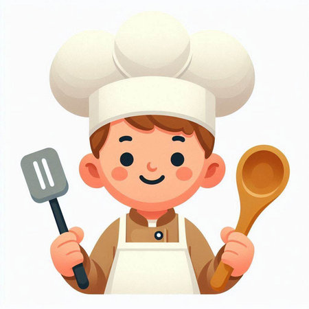 Chef boy with kitchen utensils. Cartoon character illustration.のイラスト素材